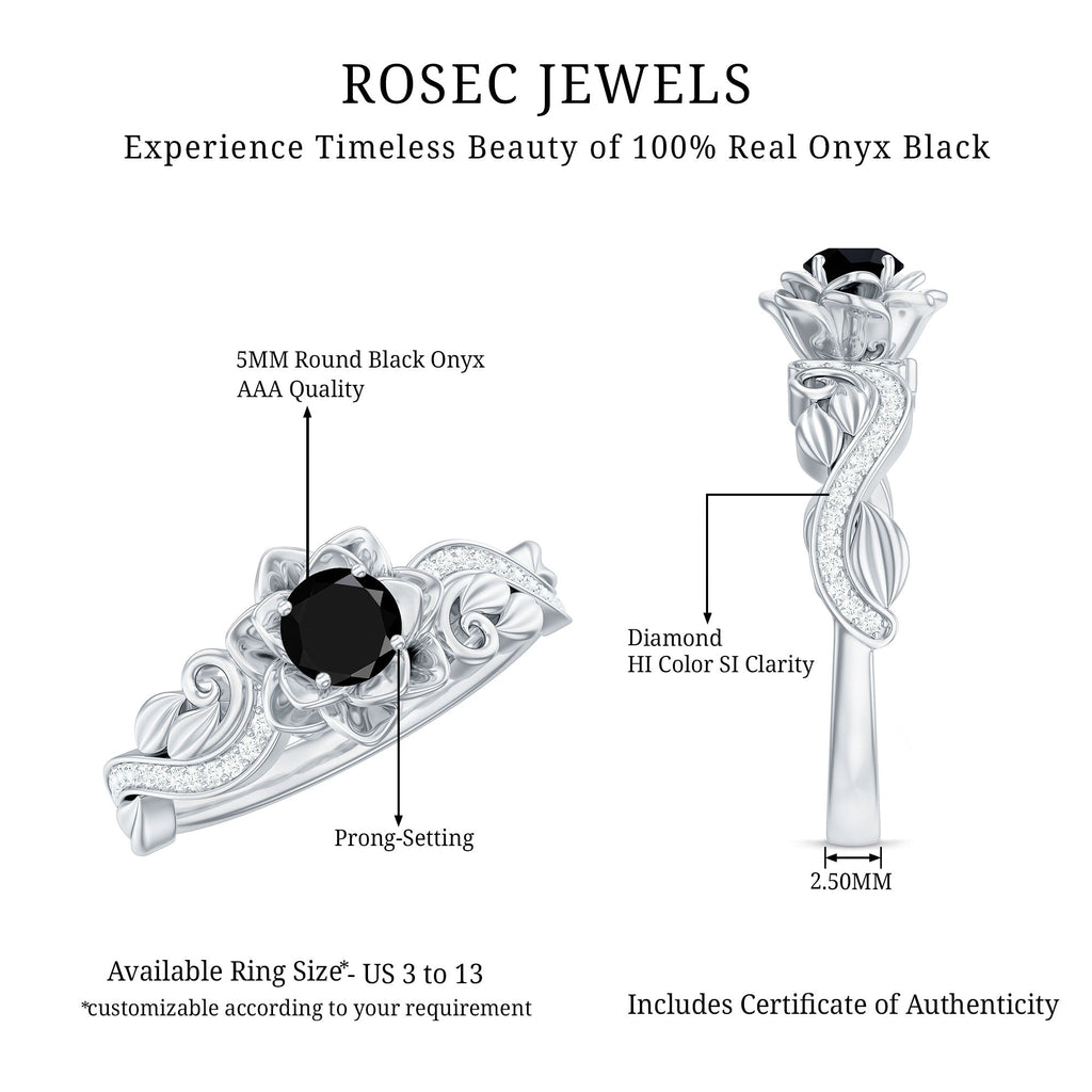 Nature Inspired Black Onyx and Diamond Floral Engagement Ring