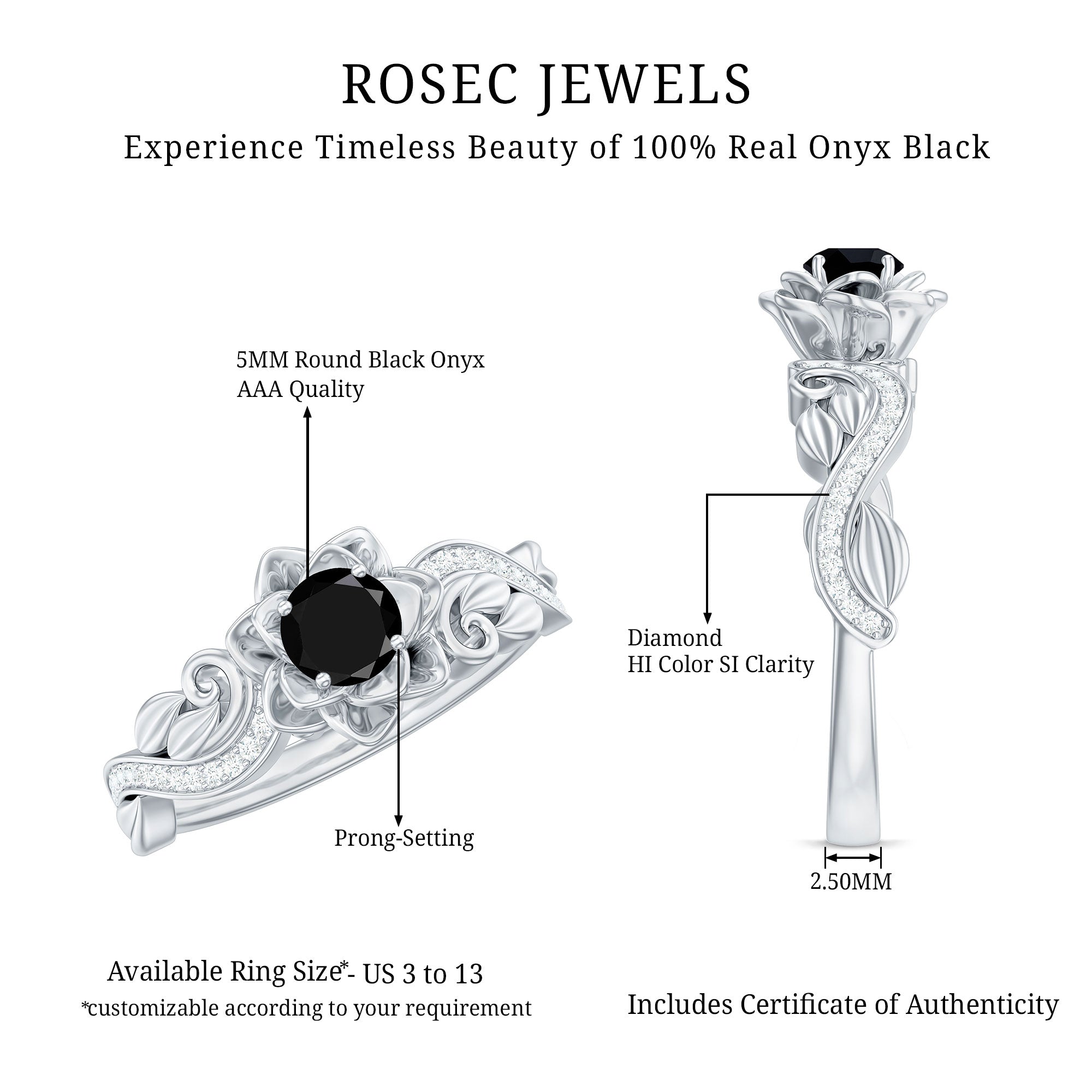 Nature Inspired Black Onyx and Diamond Floral Engagement Ring