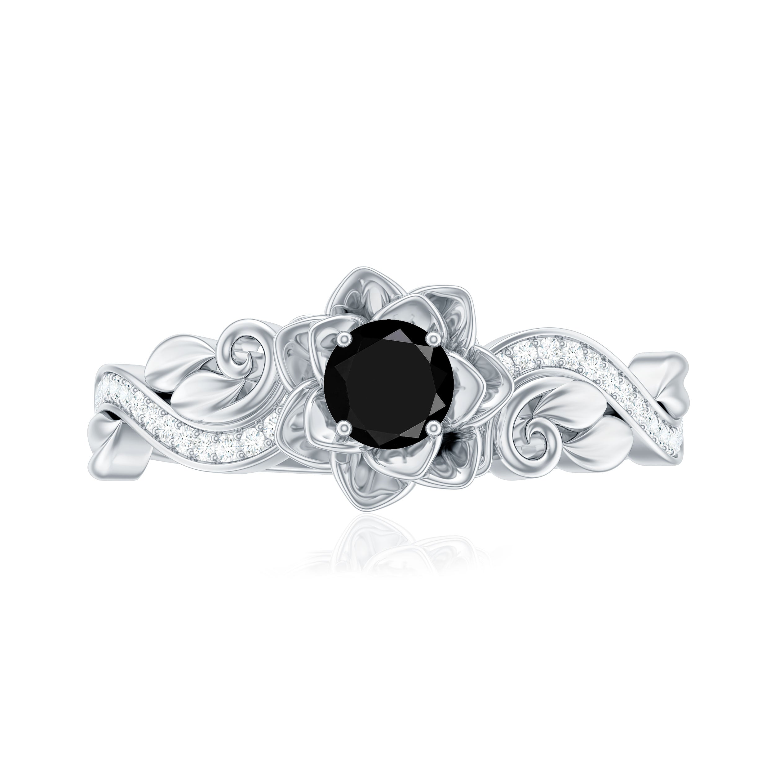 Nature Inspired Black Onyx and Diamond Floral Engagement Ring