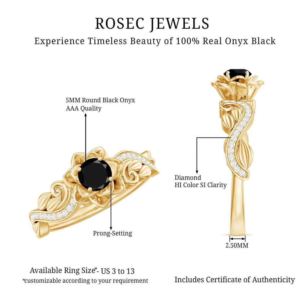 Nature Inspired Black Onyx and Diamond Floral Engagement Ring