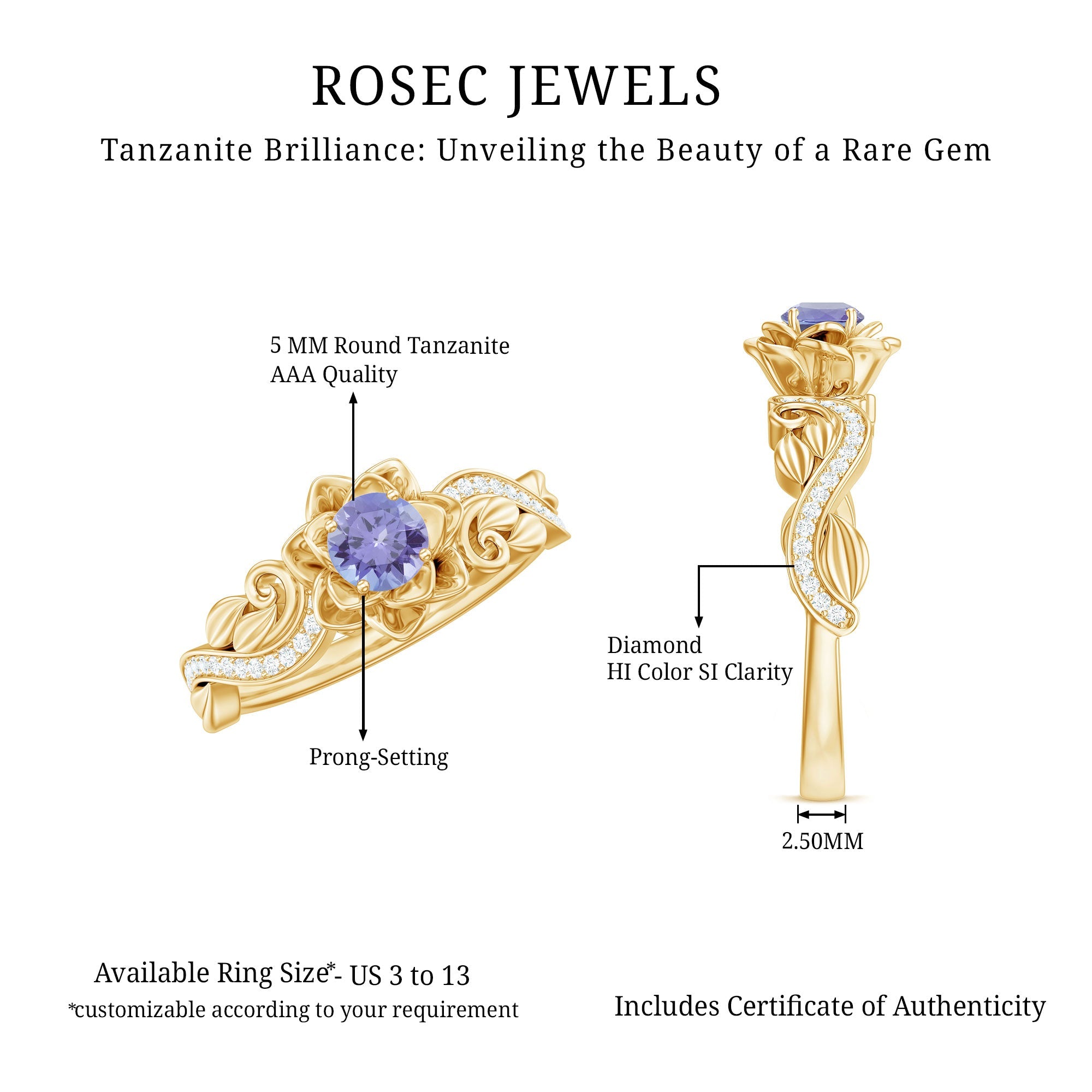 Nature Inspired Tanzanite Engagement Ring with Diamond