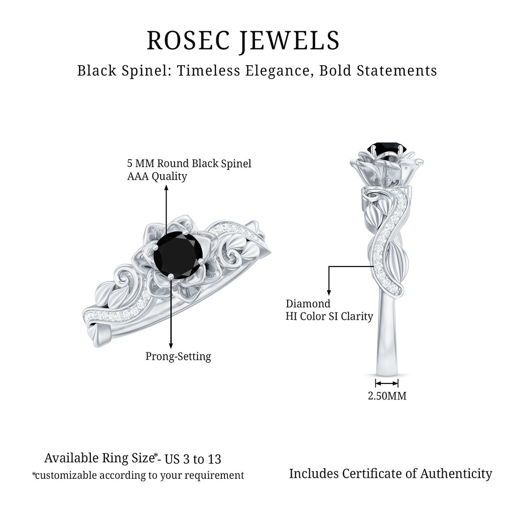 Real Black Spinel Blooming Flower Engagement Ring with Diamond