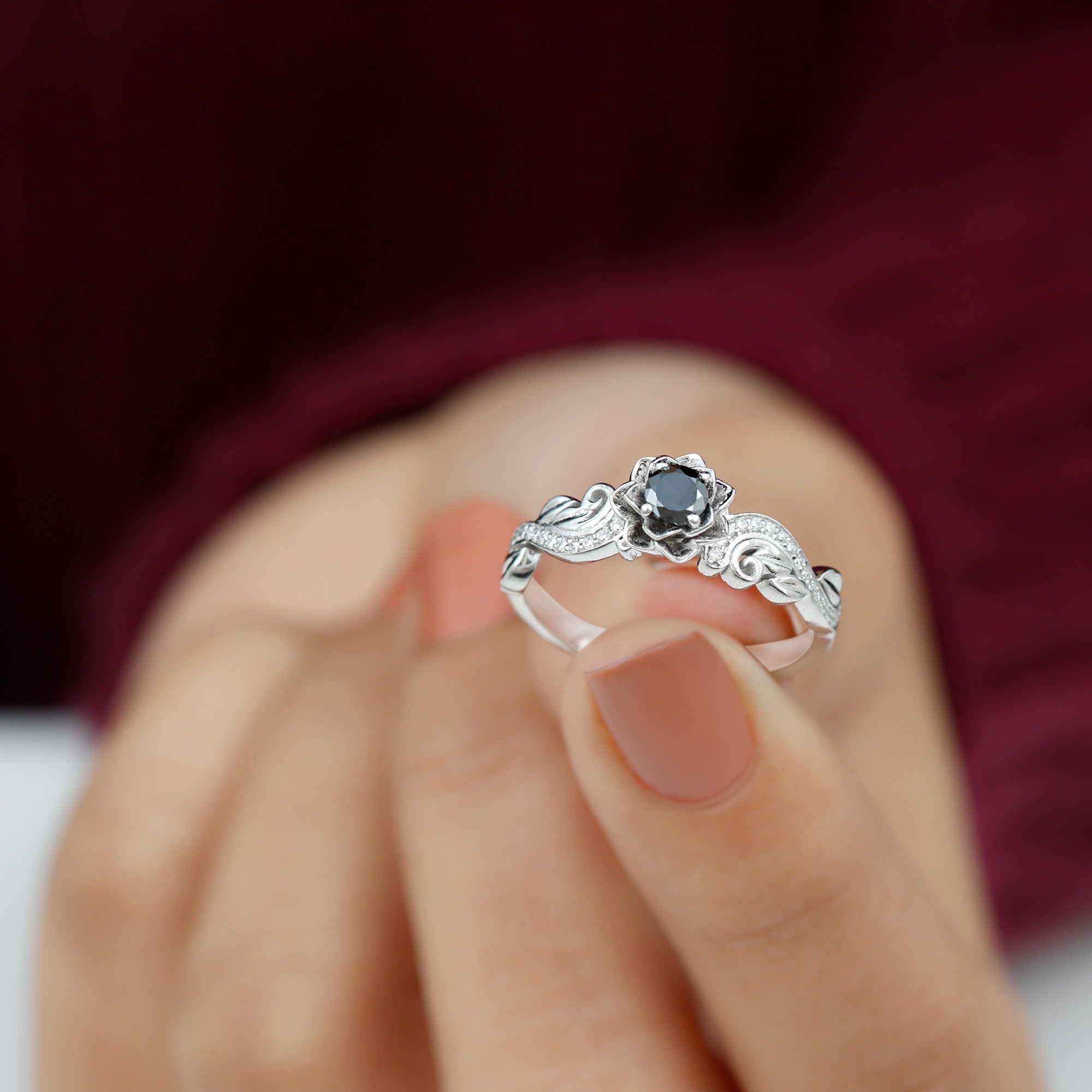 Real Black Spinel Blooming Flower Engagement Ring with Diamond