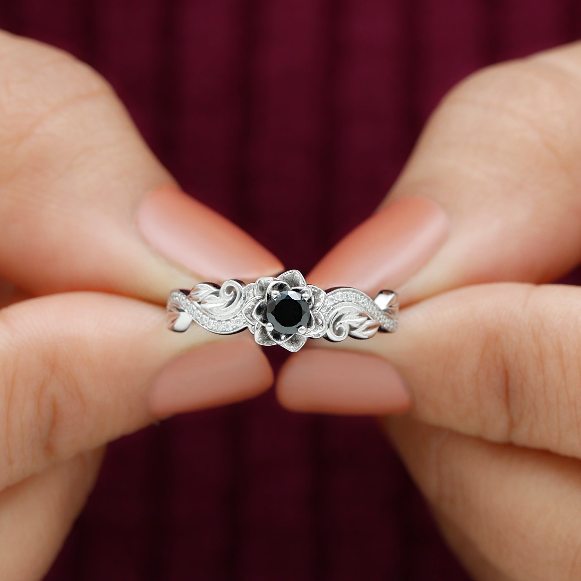 Real Black Spinel Blooming Flower Engagement Ring with Diamond