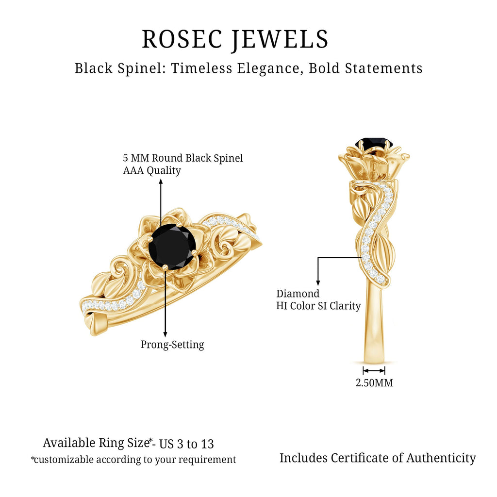 Real Black Spinel Blooming Flower Engagement Ring with Diamond