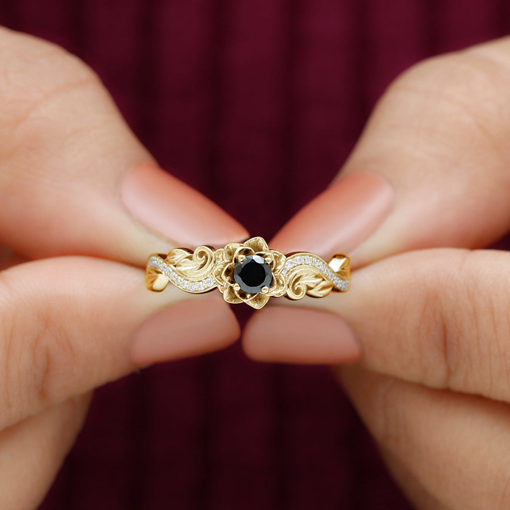 Real Black Spinel Blooming Flower Engagement Ring with Diamond