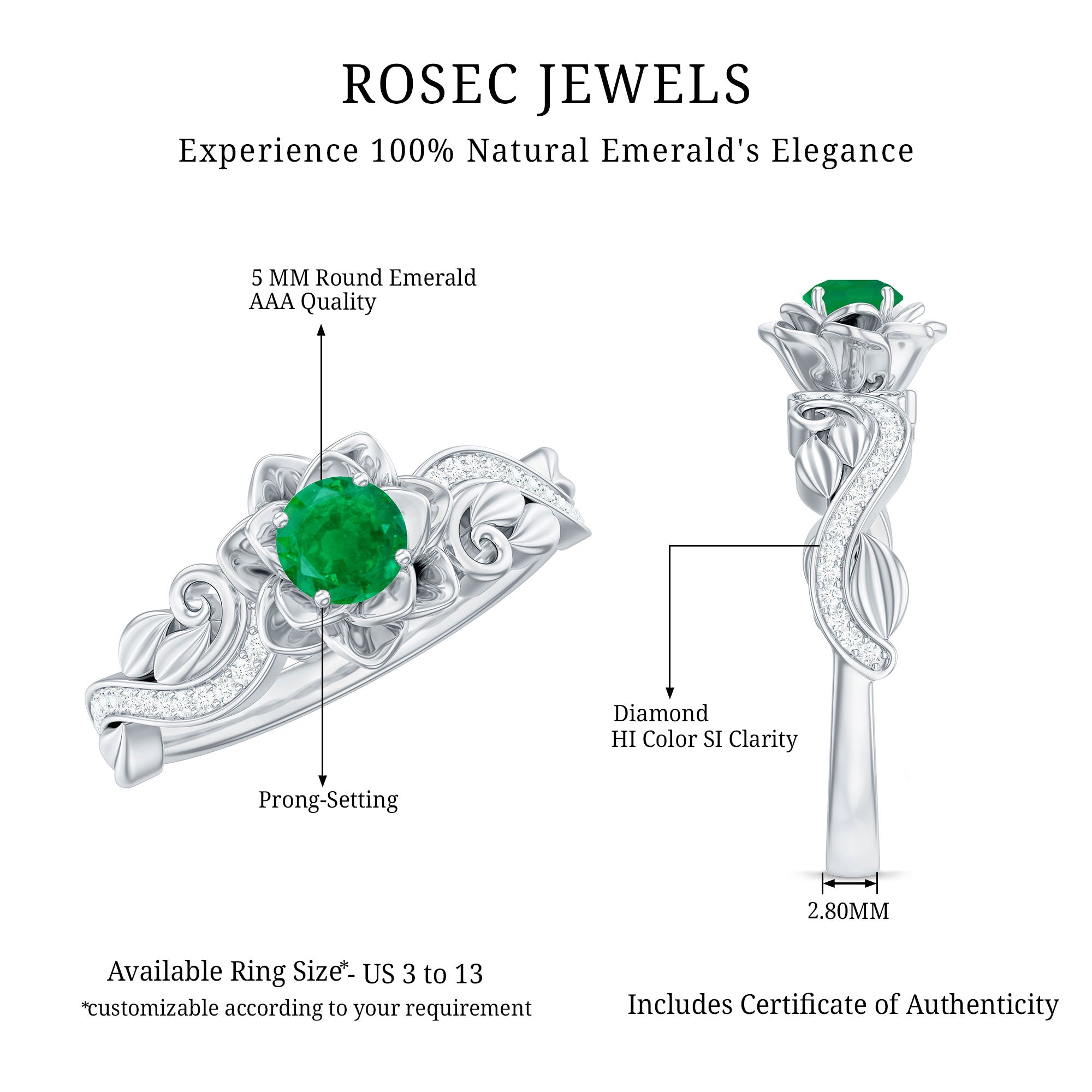 Certified 5 MM Emerald and Diamond Flower Engagement Ring