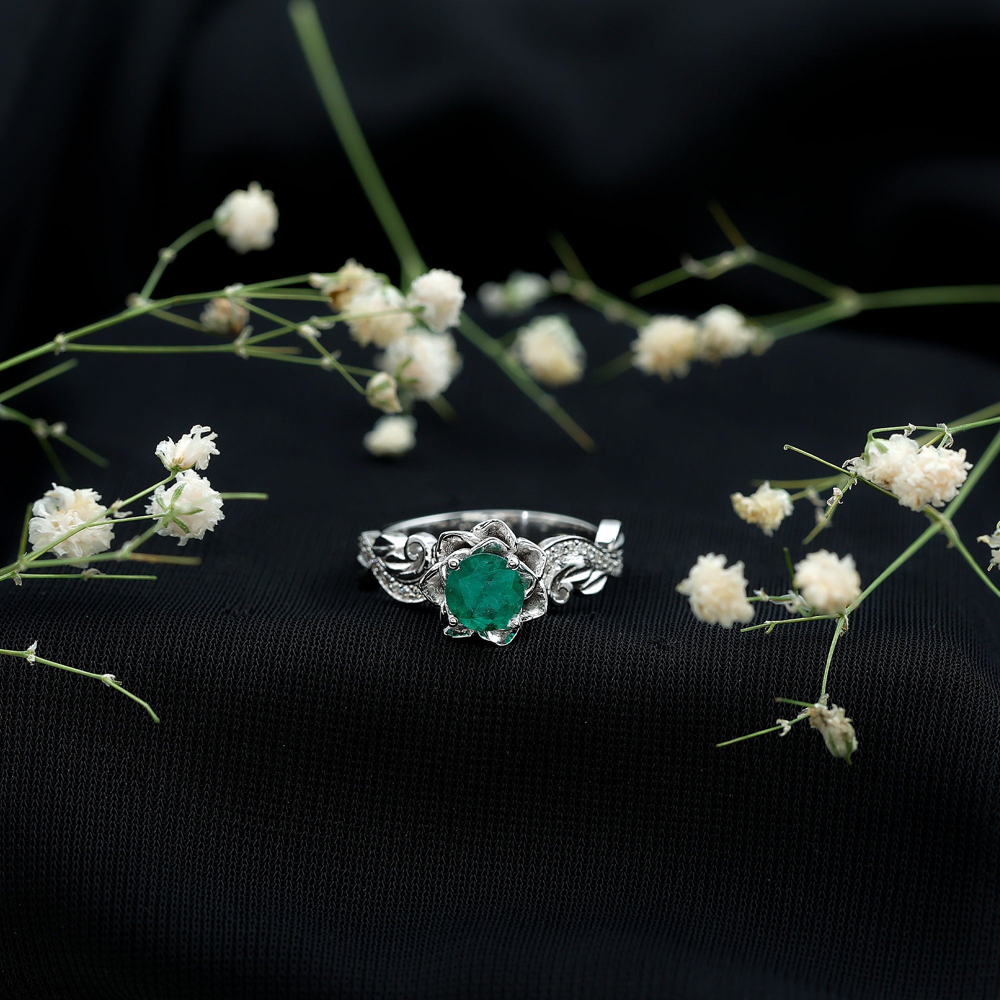 Certified 5 MM Emerald and Diamond Flower Engagement Ring