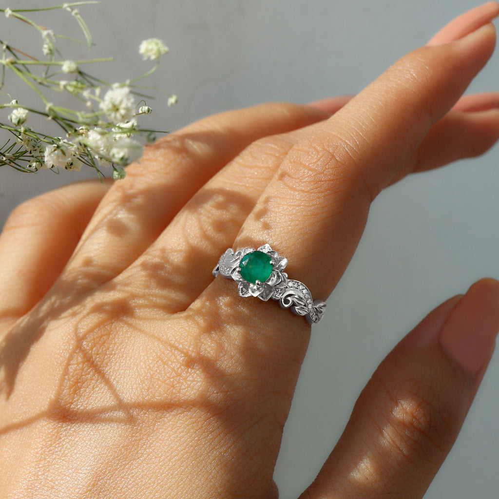 Certified 5 MM Emerald and Diamond Flower Engagement Ring