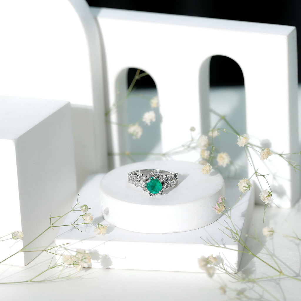 Certified 5 MM Emerald and Diamond Flower Engagement Ring