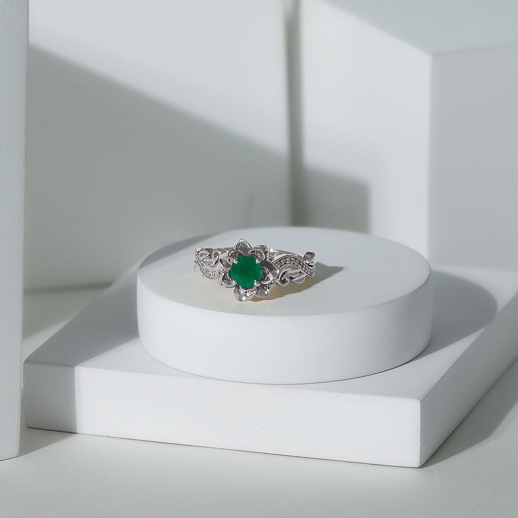 Certified 5 MM Emerald and Diamond Flower Engagement Ring