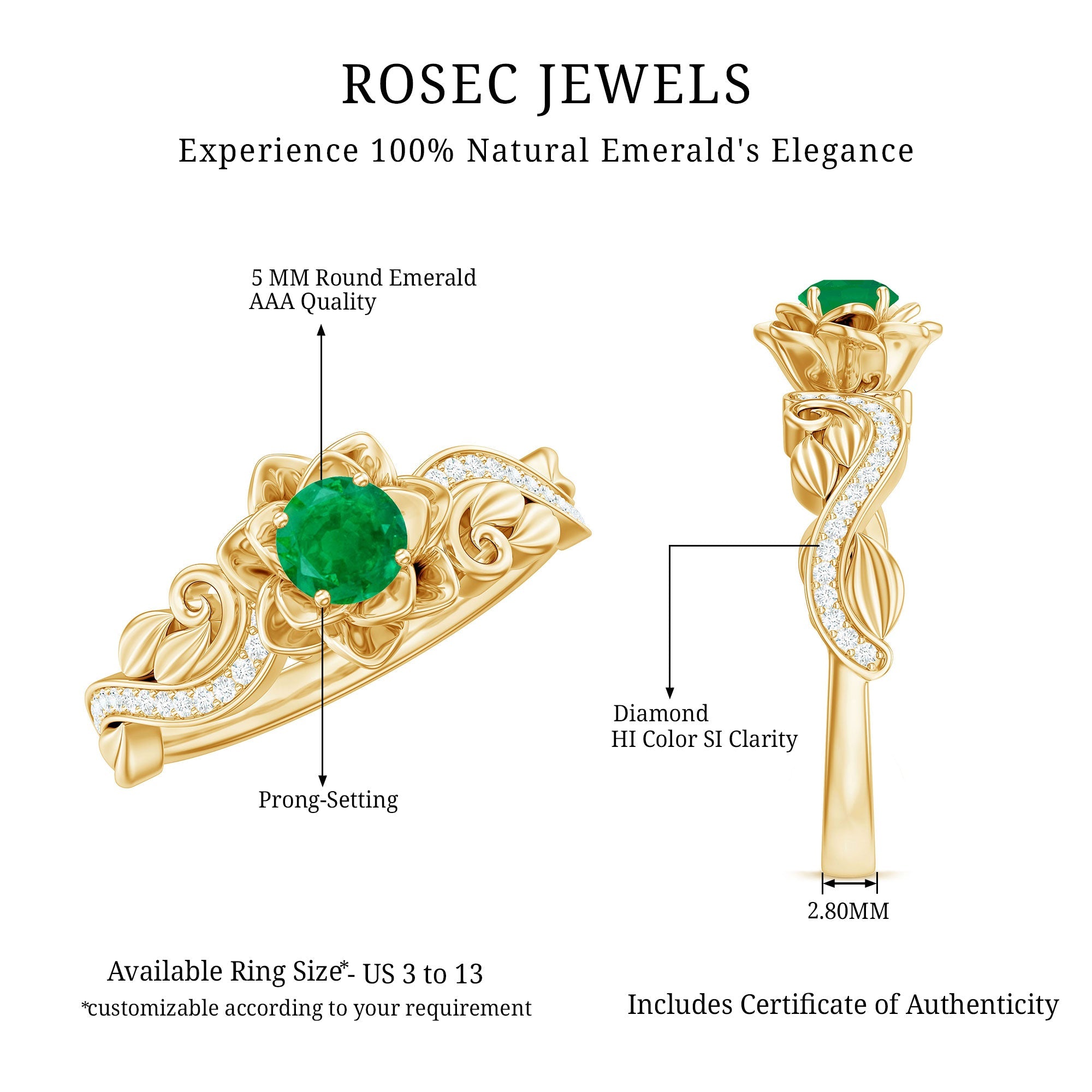 Certified 5 MM Emerald and Diamond Flower Engagement Ring