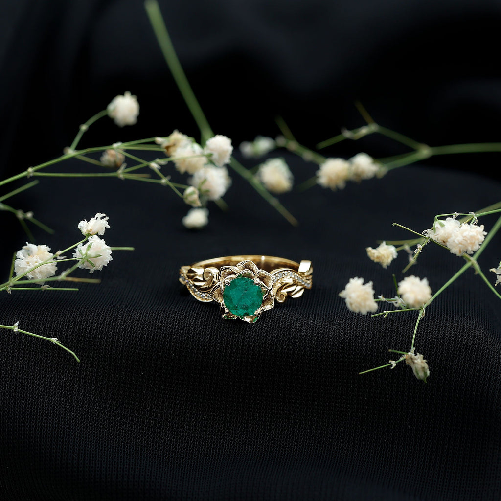 Certified 5 MM Emerald and Diamond Flower Engagement Ring