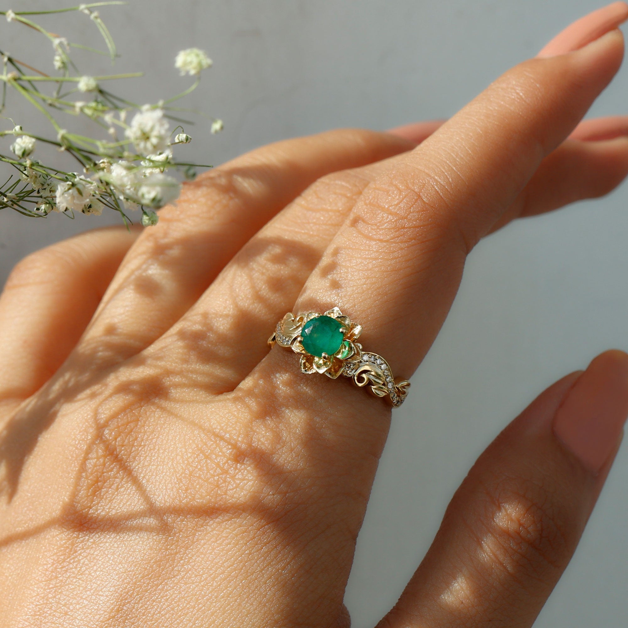 Certified 5 MM Emerald and Diamond Flower Engagement Ring
