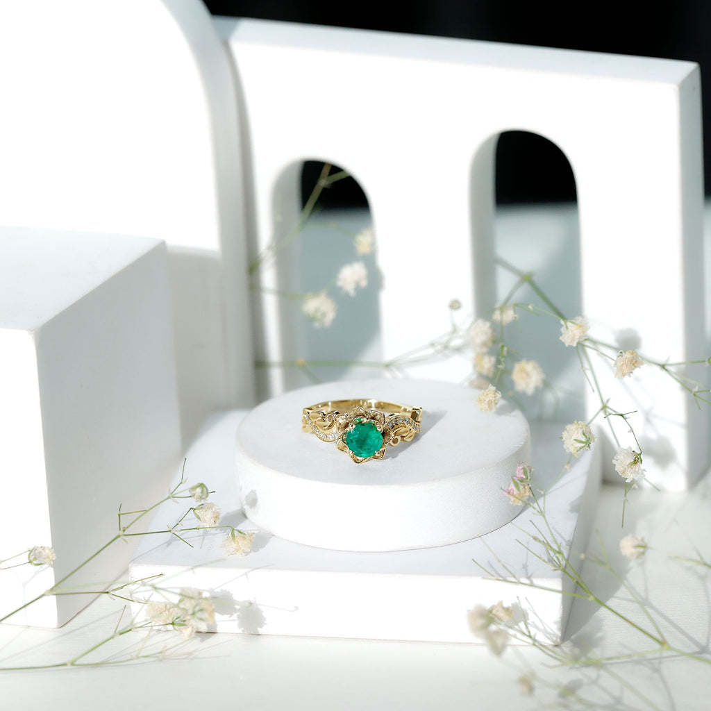 Certified 5 MM Emerald and Diamond Flower Engagement Ring