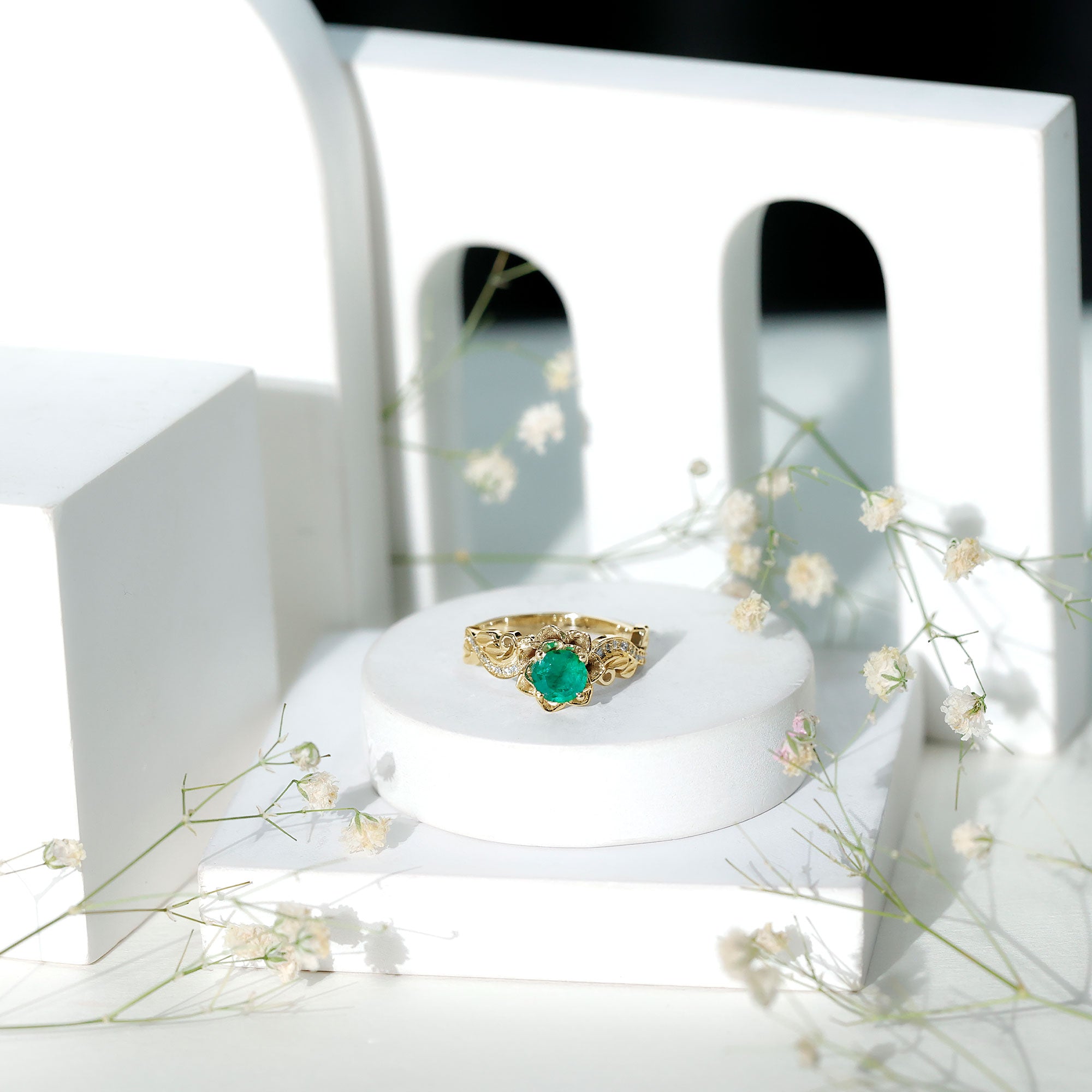 Certified 5 MM Emerald and Diamond Flower Engagement Ring
