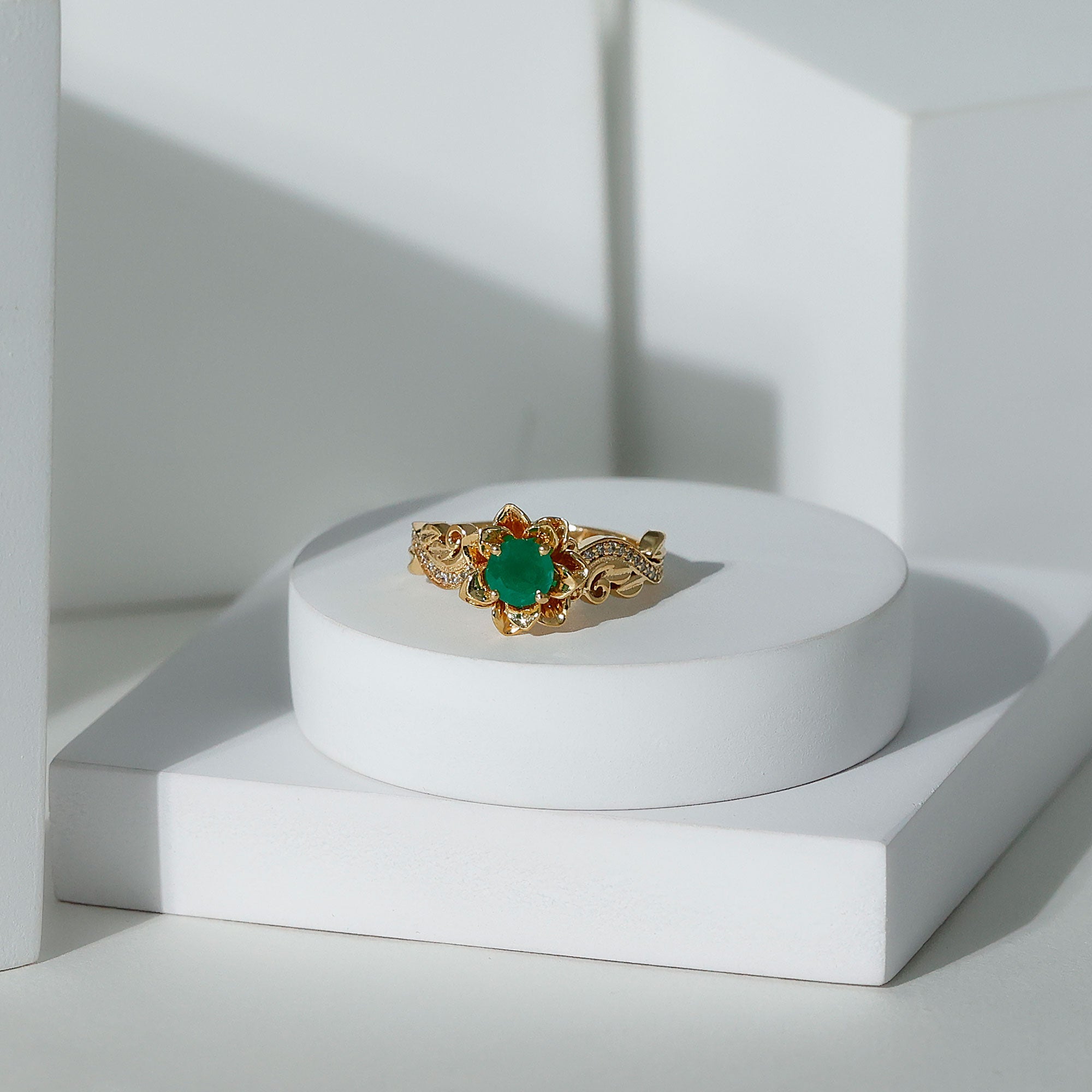 Certified 5 MM Emerald and Diamond Flower Engagement Ring