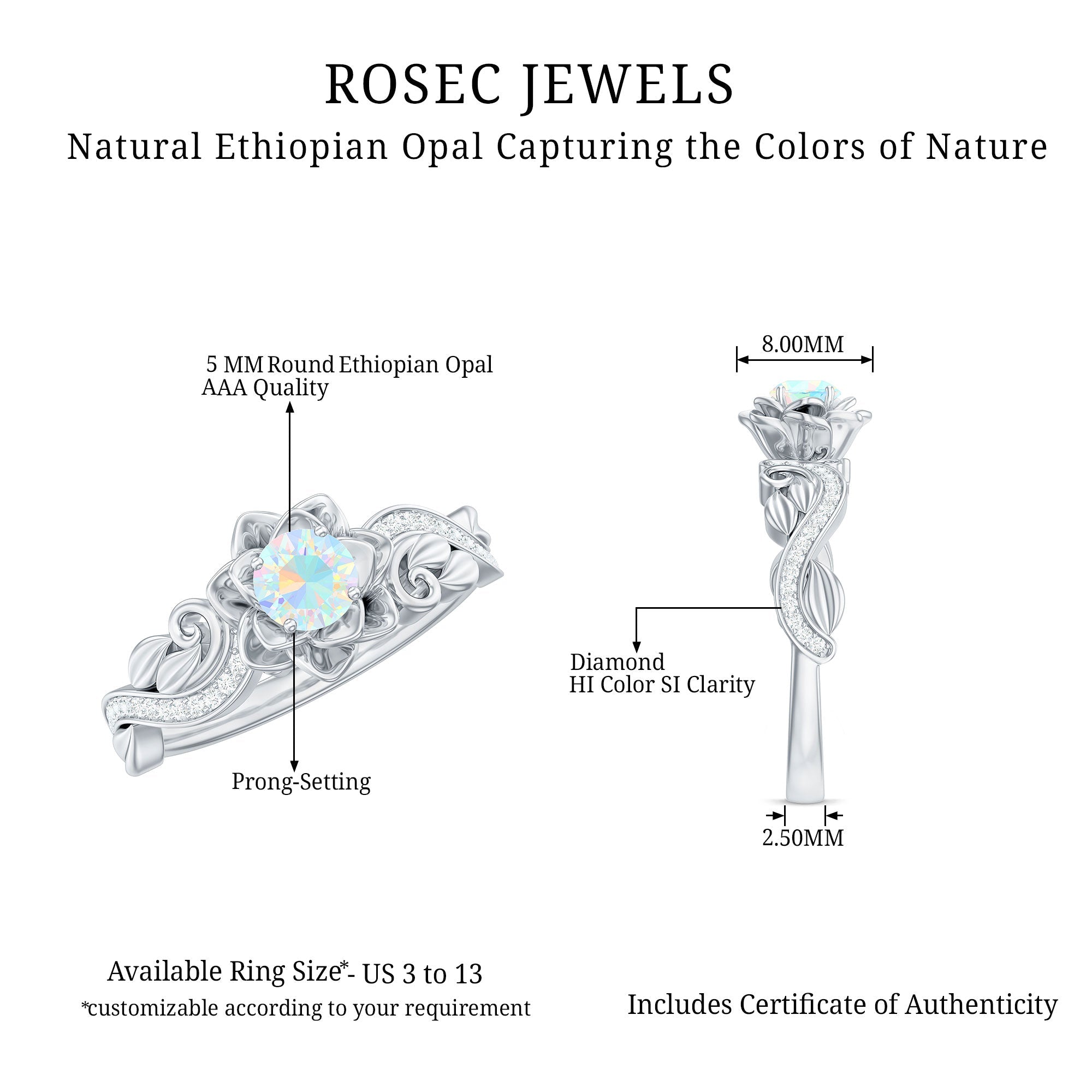 Genuine Ethiopian Opal Flower Engagement Ring With Real Diamond