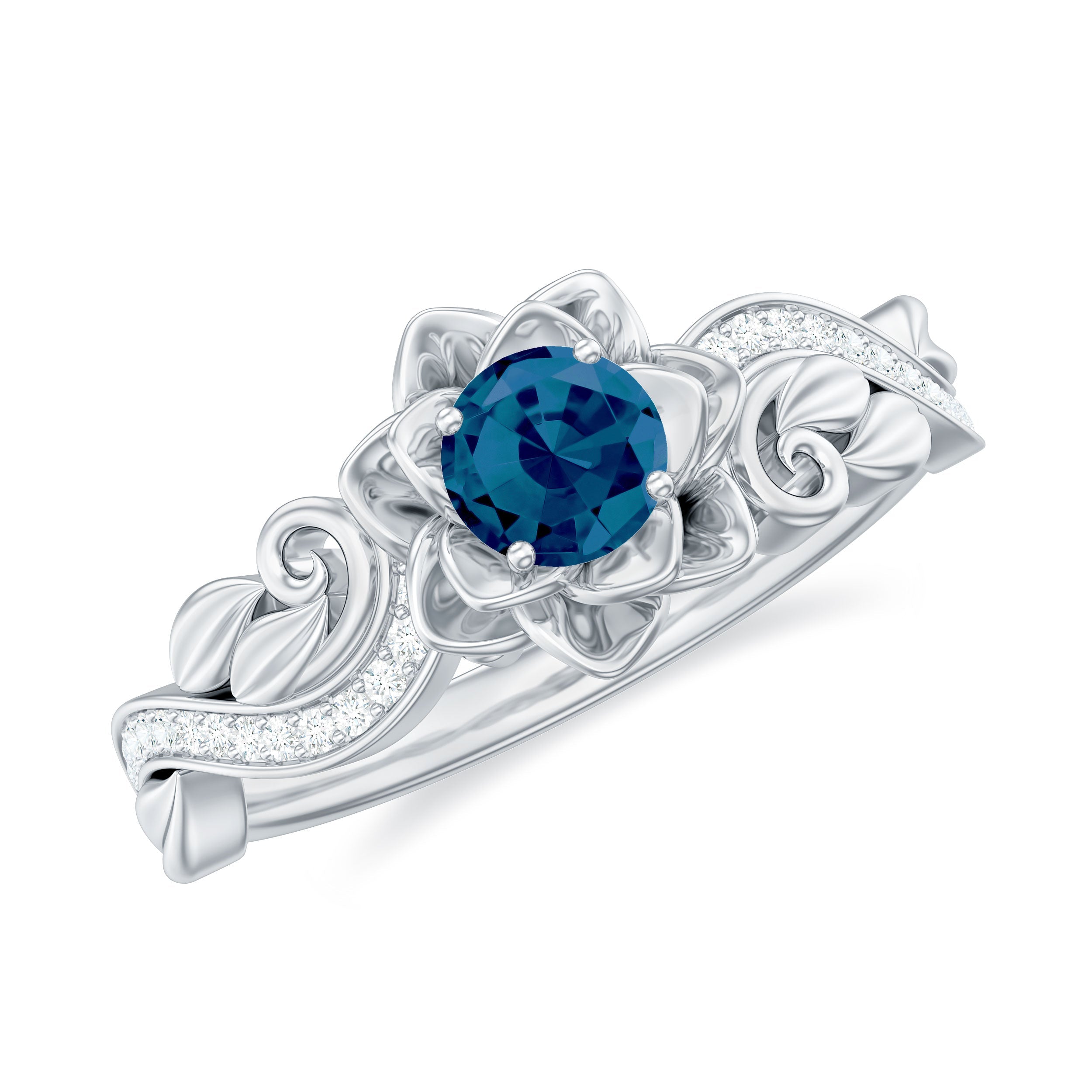 5mm Round Shape London Blue Topaz Nature Inspired Engagement Ring with Diamond