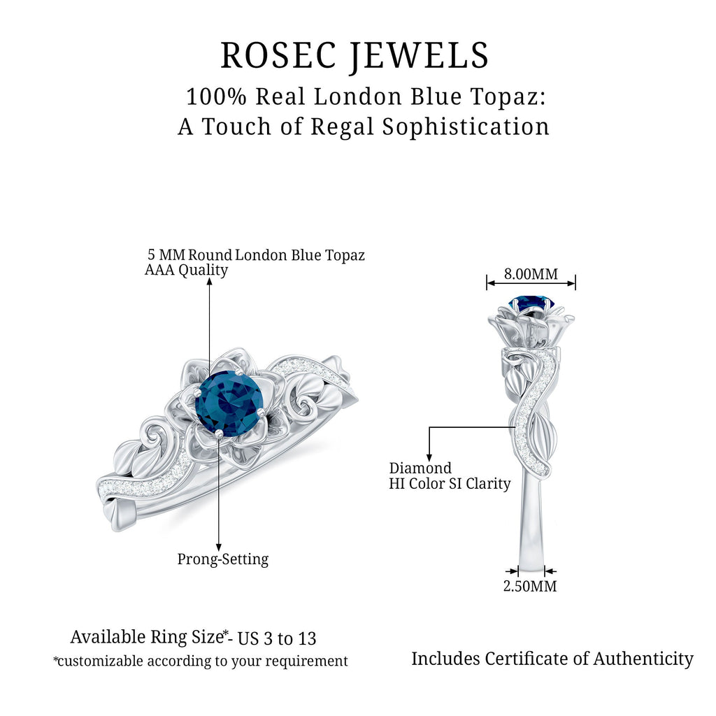 5mm Round Shape London Blue Topaz Nature Inspired Engagement Ring with Diamond