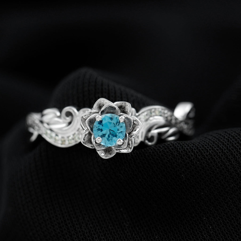 5mm Round Shape London Blue Topaz Nature Inspired Engagement Ring with Diamond