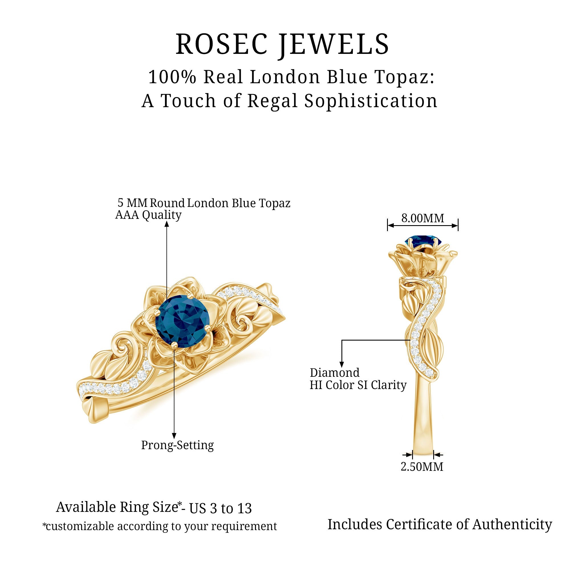 5mm Round Shape London Blue Topaz Nature Inspired Engagement Ring with Diamond