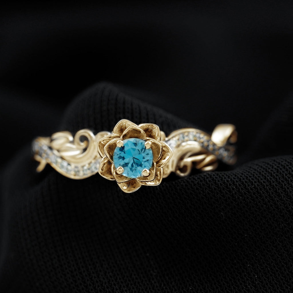 5mm Round Shape London Blue Topaz Nature Inspired Engagement Ring with Diamond