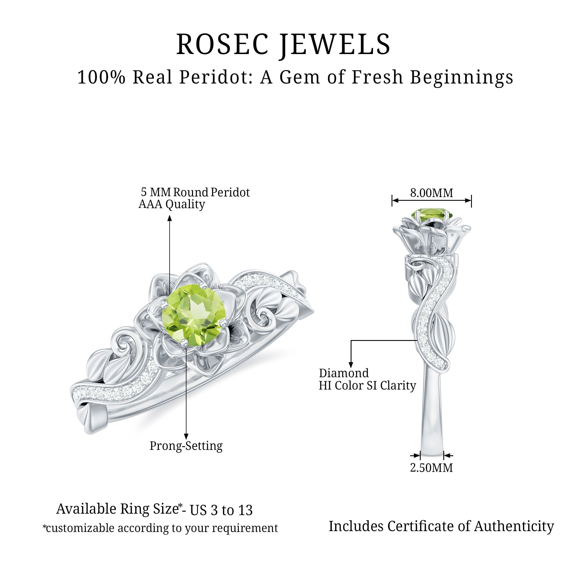 Genuine Peridot and Diamond Flower Inspired Engagement Ring
