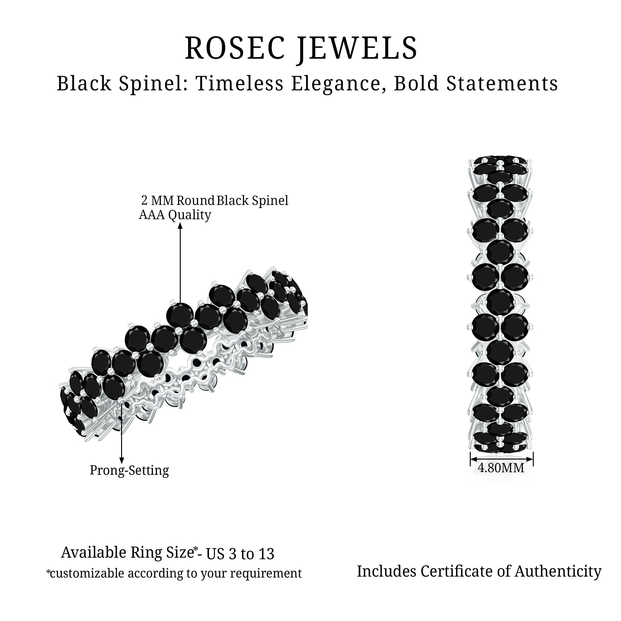 Natural Black Spinel Cluster Eternity Ring in Prong Setting