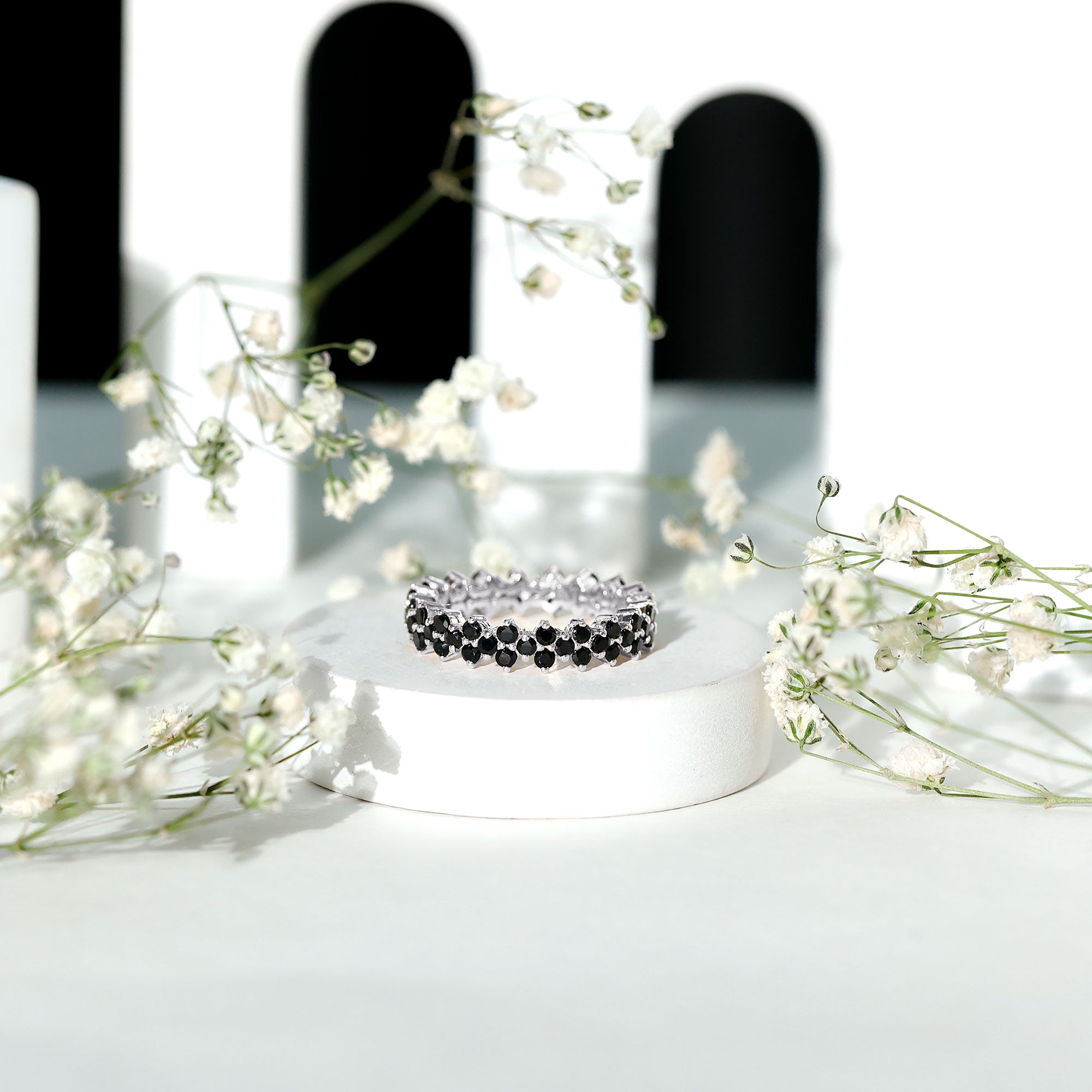 Natural Black Spinel Cluster Eternity Ring in Prong Setting