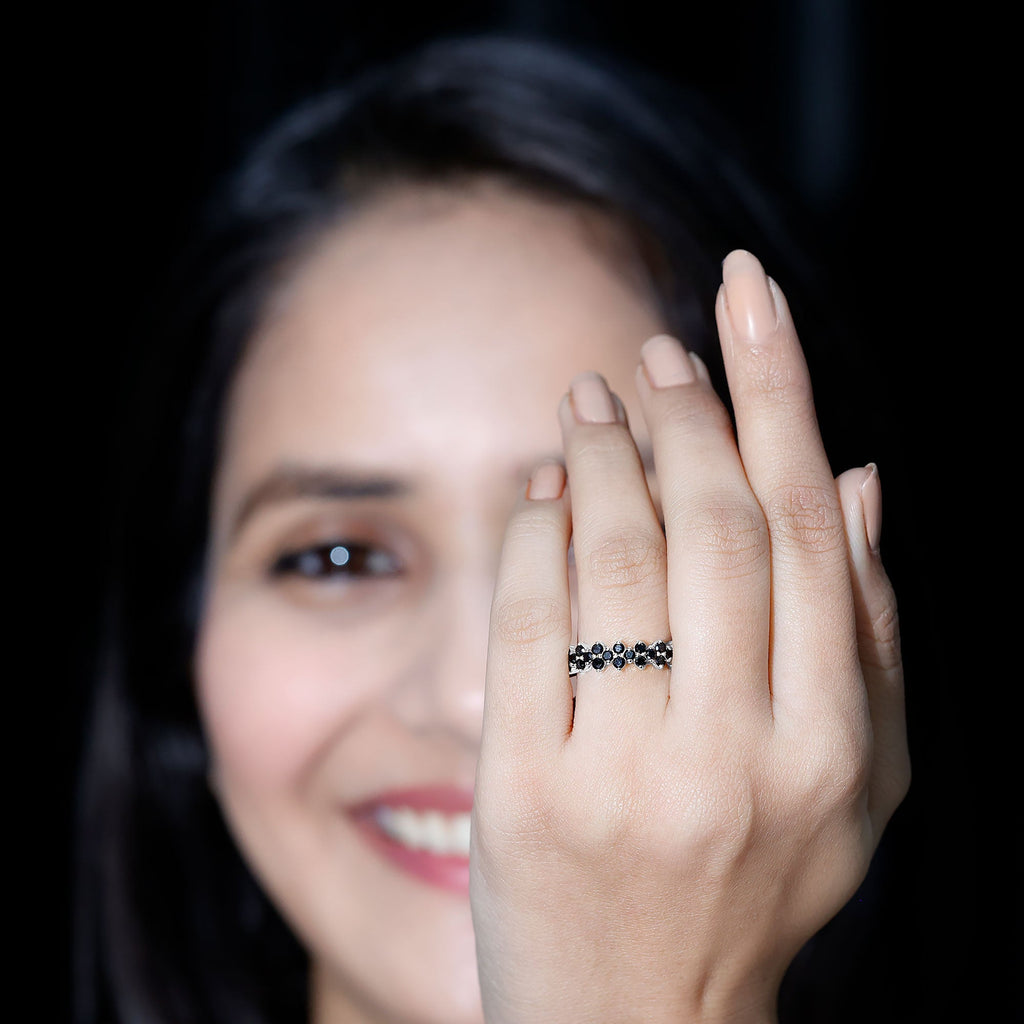 Natural Black Spinel Cluster Eternity Ring in Prong Setting