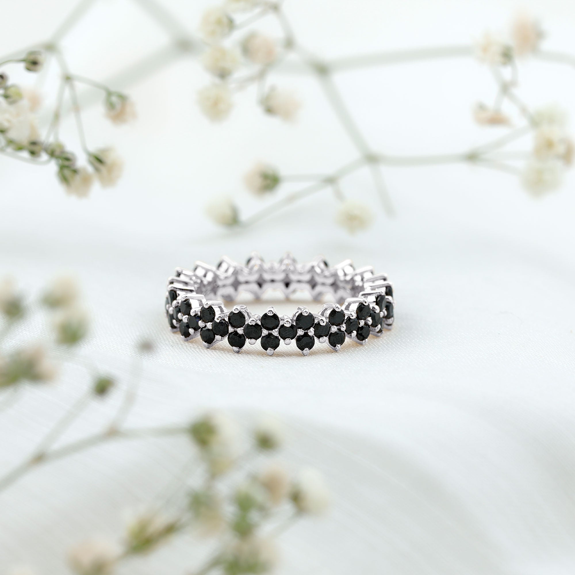 Natural Black Spinel Cluster Eternity Ring in Prong Setting