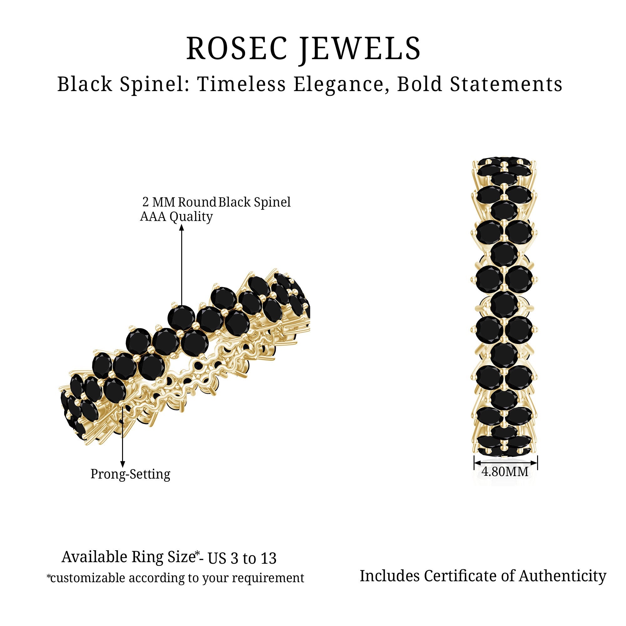 Natural Black Spinel Cluster Eternity Ring in Prong Setting