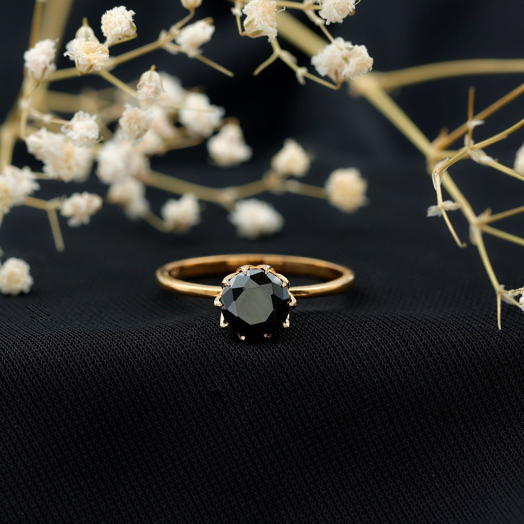 Lotus Basket Set Solitaire Black Onyx Engagement Ring for Women