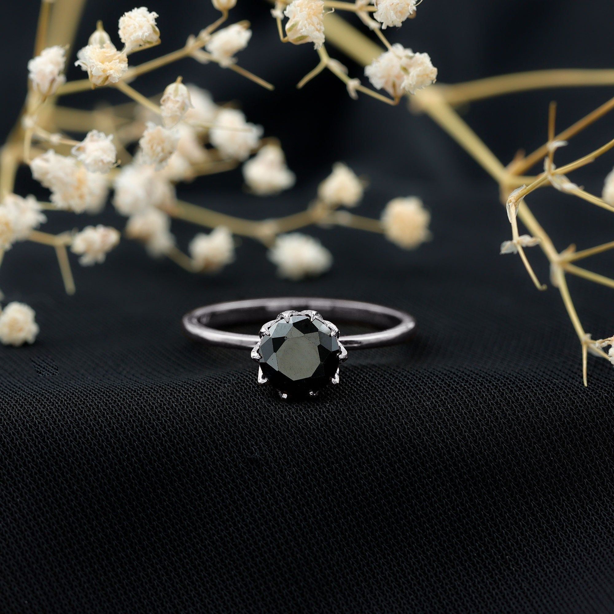 Lab-Created Black Diamond Solitaire Ring in Lotus Basket Setting