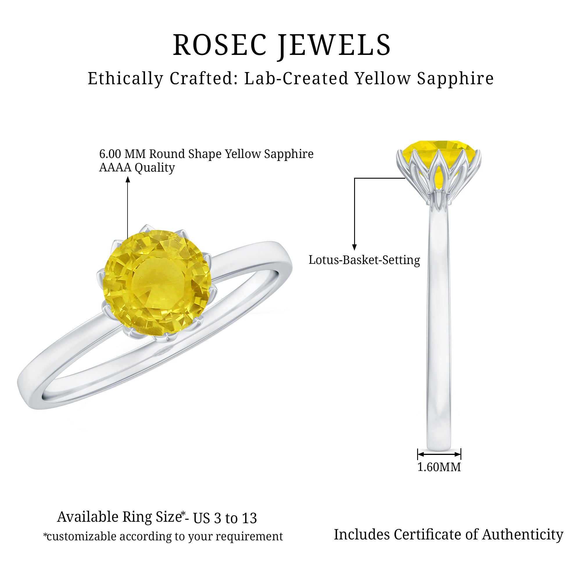 Lotus Basket Set Created Yellow Sapphire Solitaire Ring