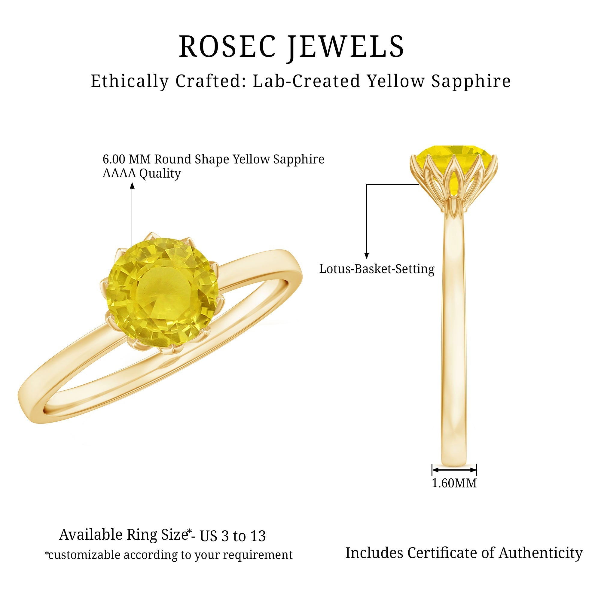 Lotus Basket Set Created Yellow Sapphire Solitaire Ring
