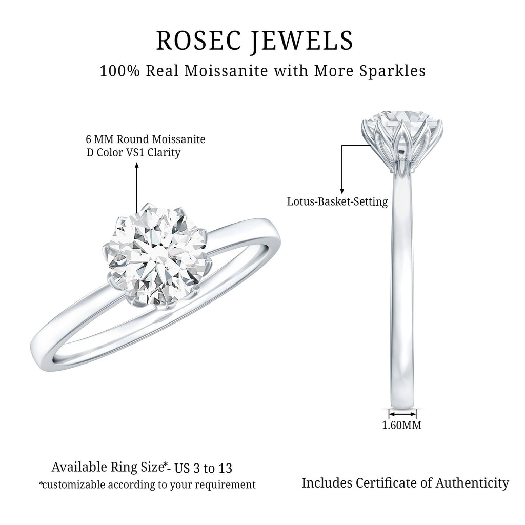 1 CT Moissanite Solitaire Ring in Lotus Basket Setting