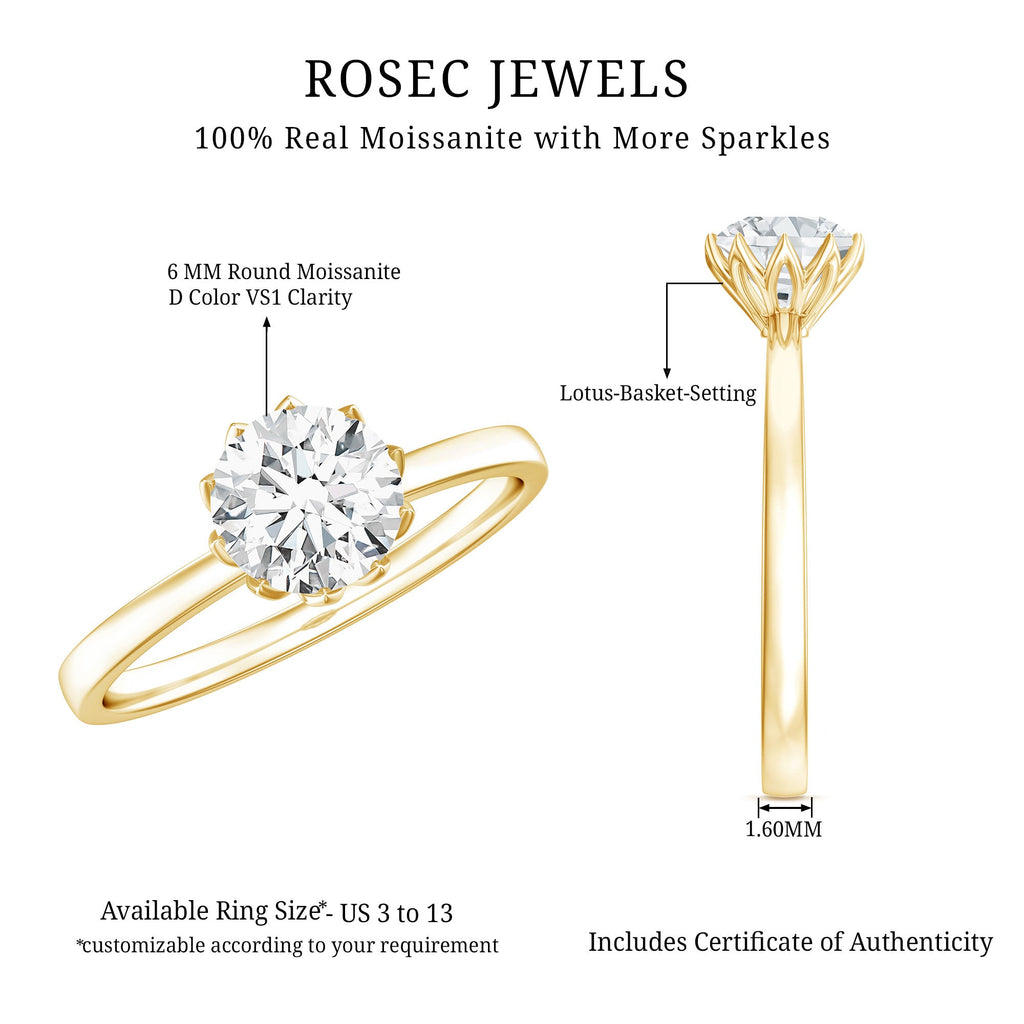 1 CT Moissanite Solitaire Ring in Lotus Basket Setting
