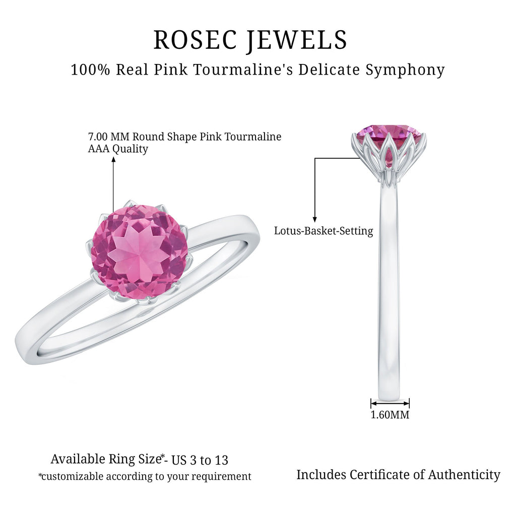 Natural Pink Tourmaline Solitaire Ring in Lotus Basket Setting