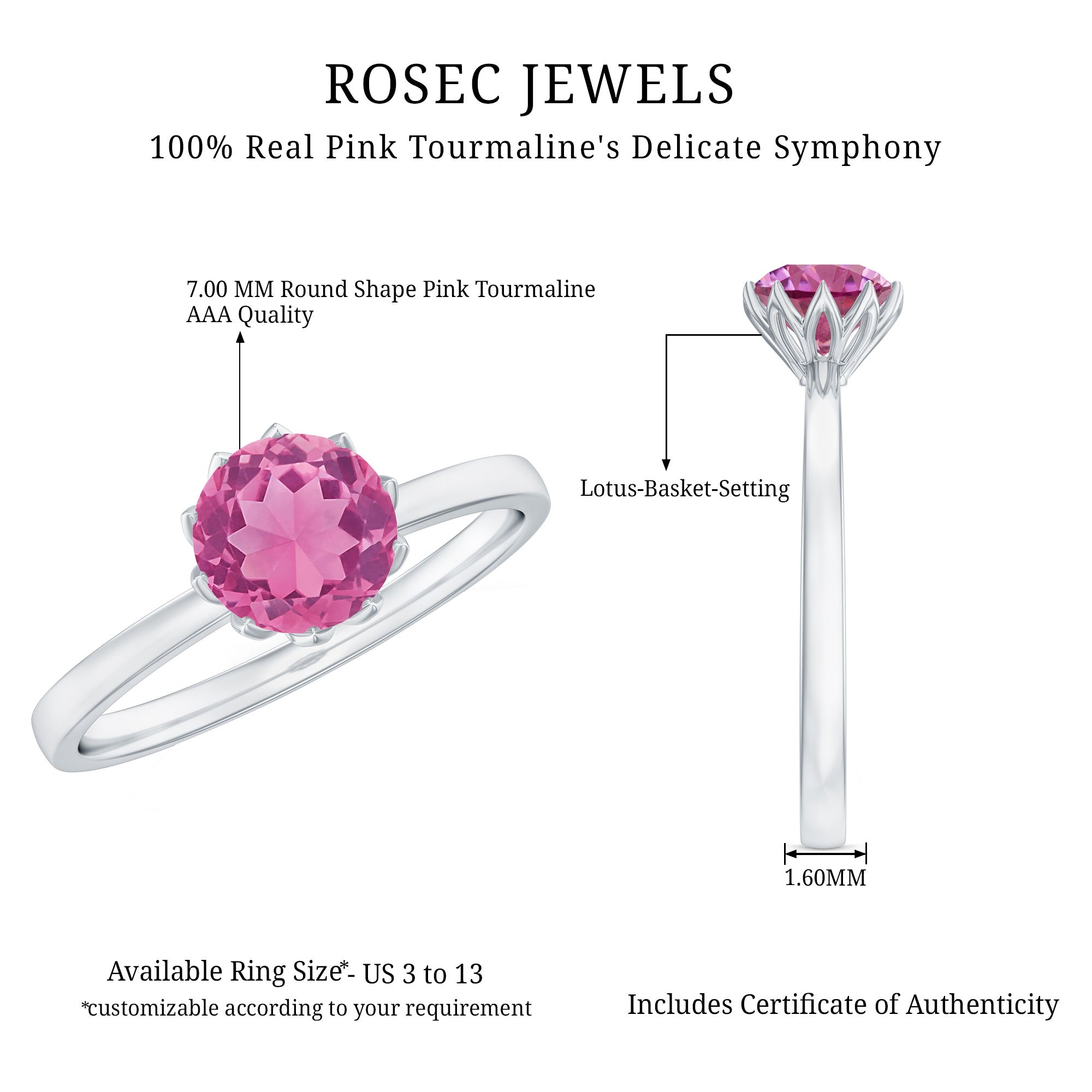 Natural Pink Tourmaline Solitaire Ring in Lotus Basket Setting