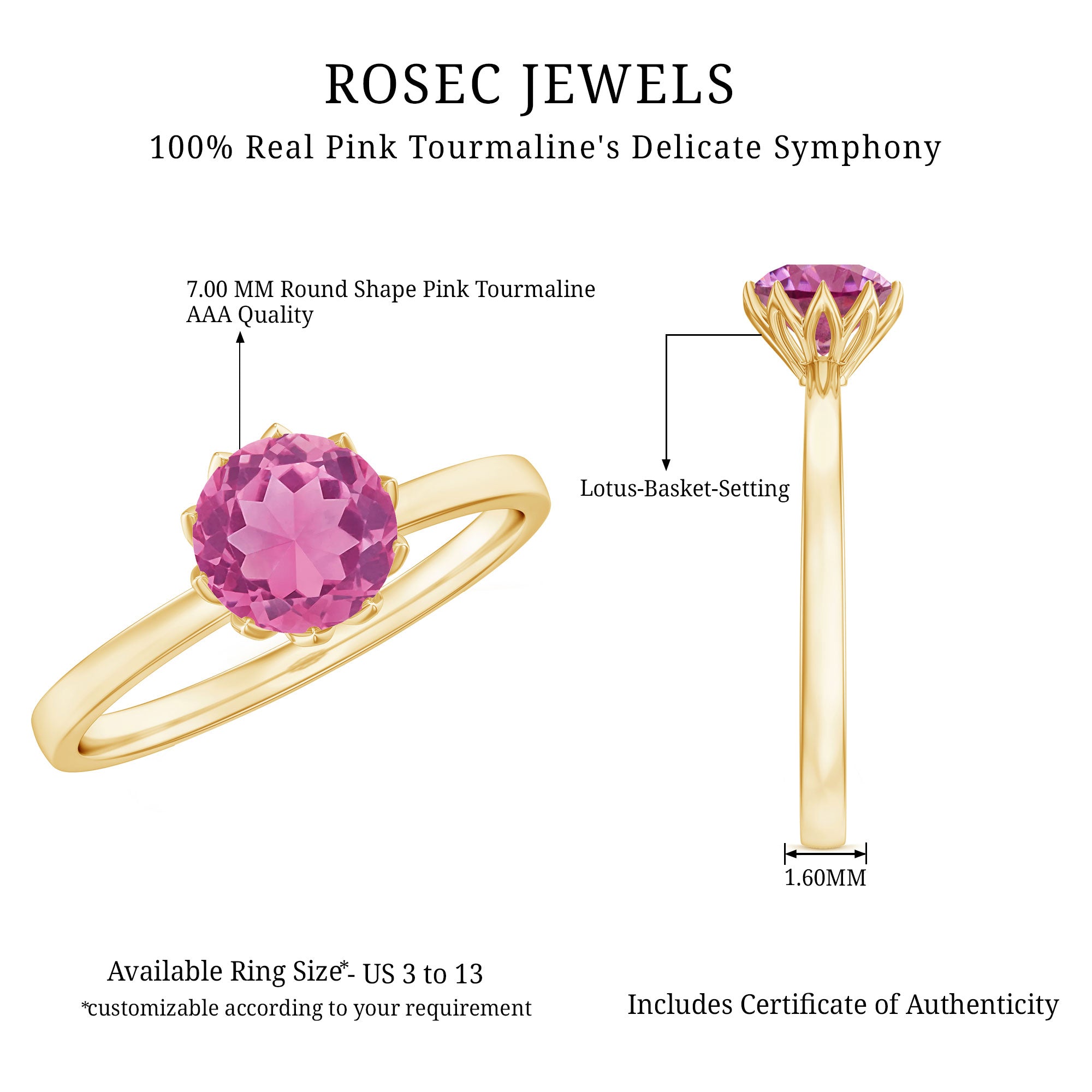 Natural Pink Tourmaline Solitaire Ring in Lotus Basket Setting