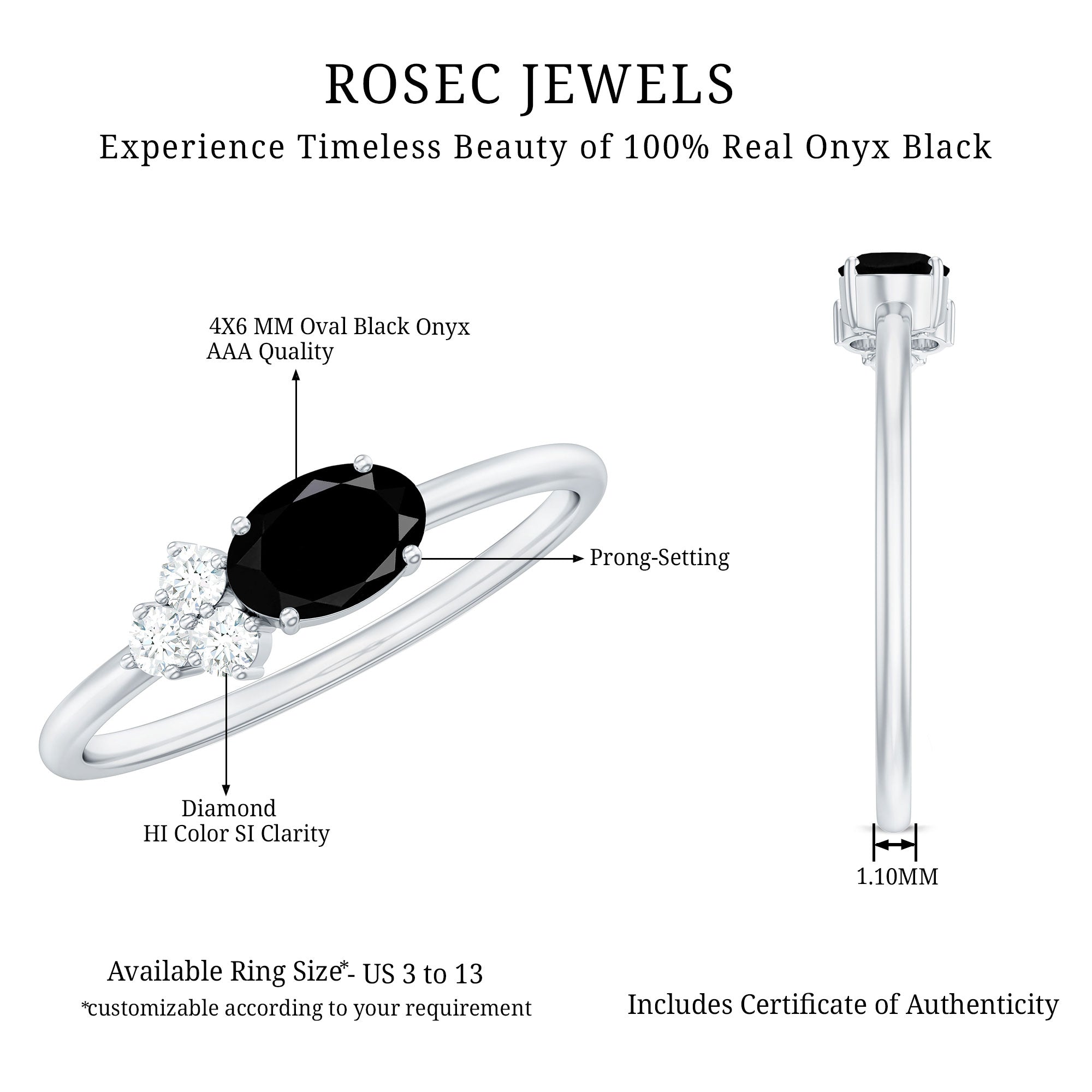 4x6mm Oval Cut Black Onyx Minimal Promise Ring with Diamond Trio