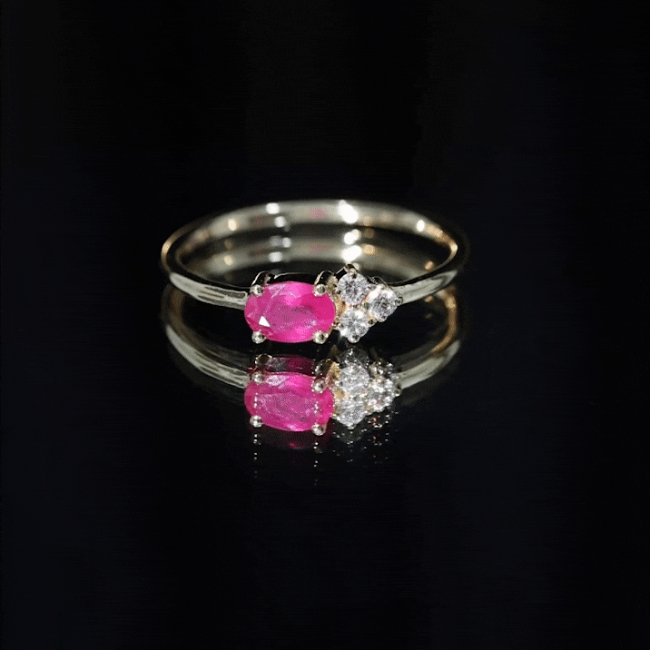 Oval Cut Ruby Promise Ring with Diamond Trio