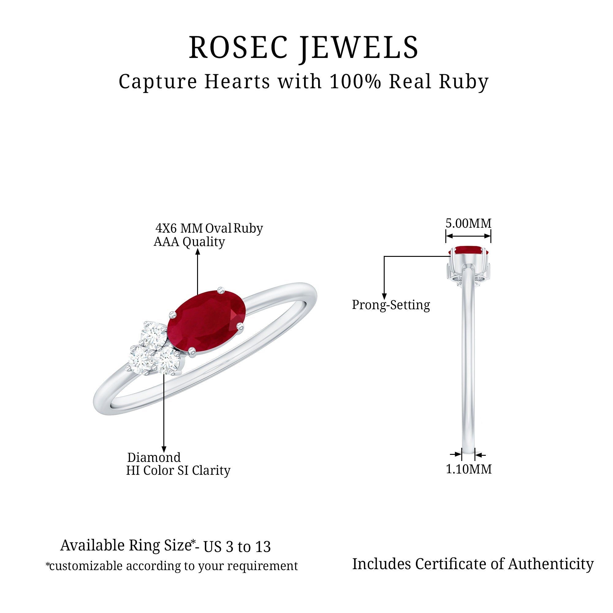 Oval Cut Ruby Promise Ring with Diamond Trio