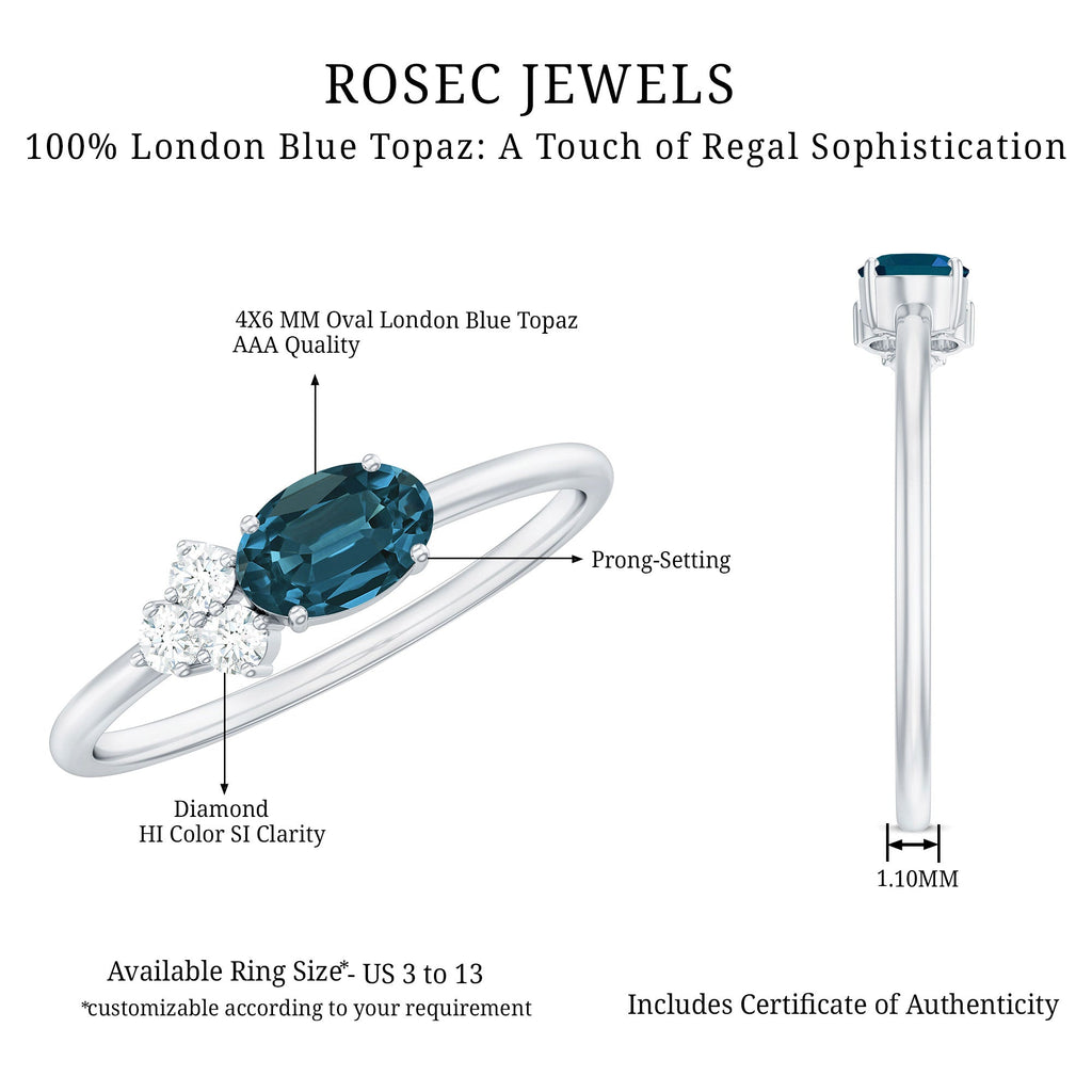 4X6mm Oval Cut London Blue Topaz East West Promise Ring with Diamond Trio