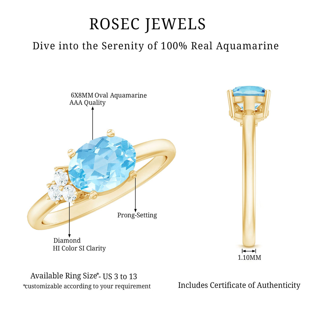1/2 CT Oval Cut Aquamarine Promise Ring with Diamond Trio