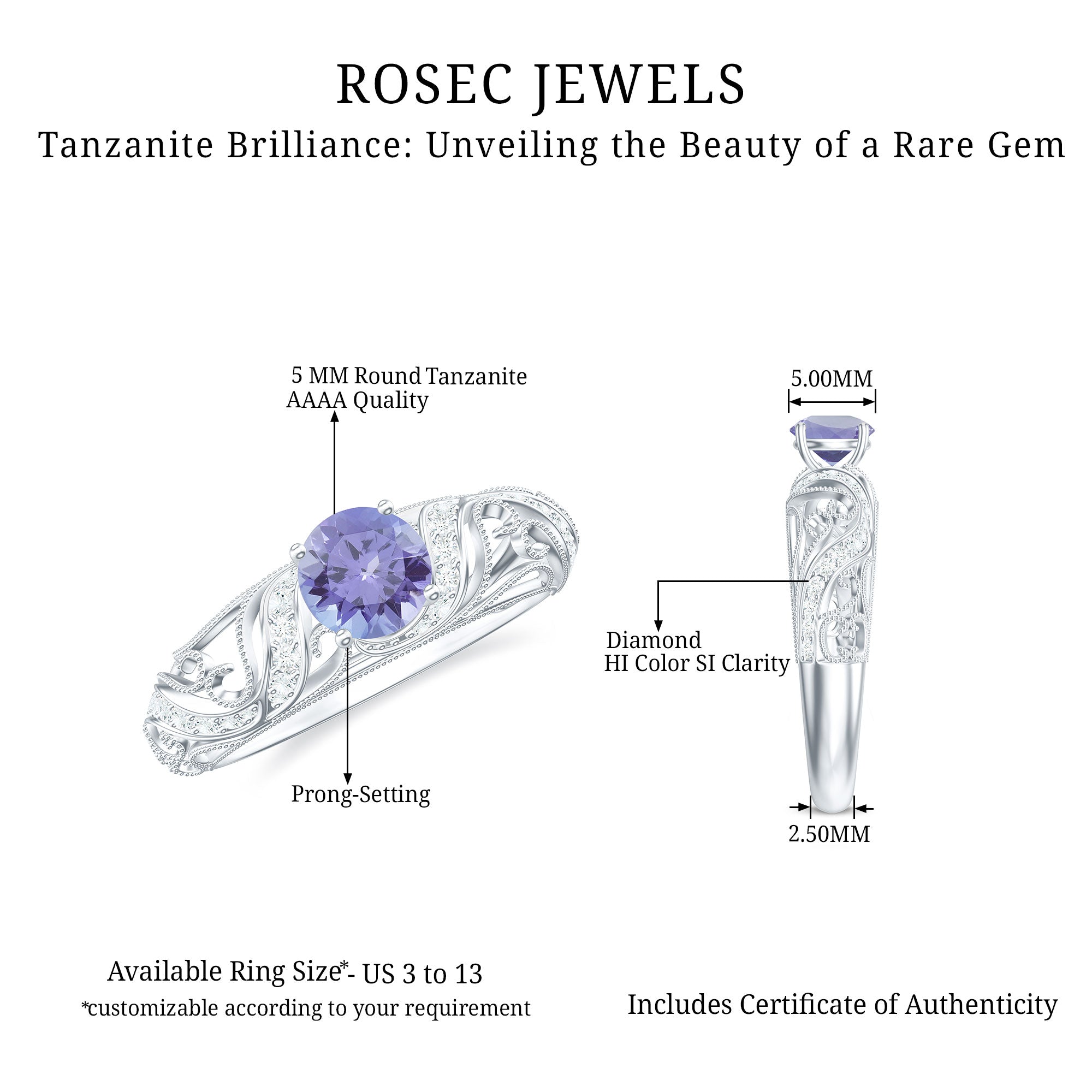 Round Tanzanite Vintage Inspired Engagement Ring with Diamond
