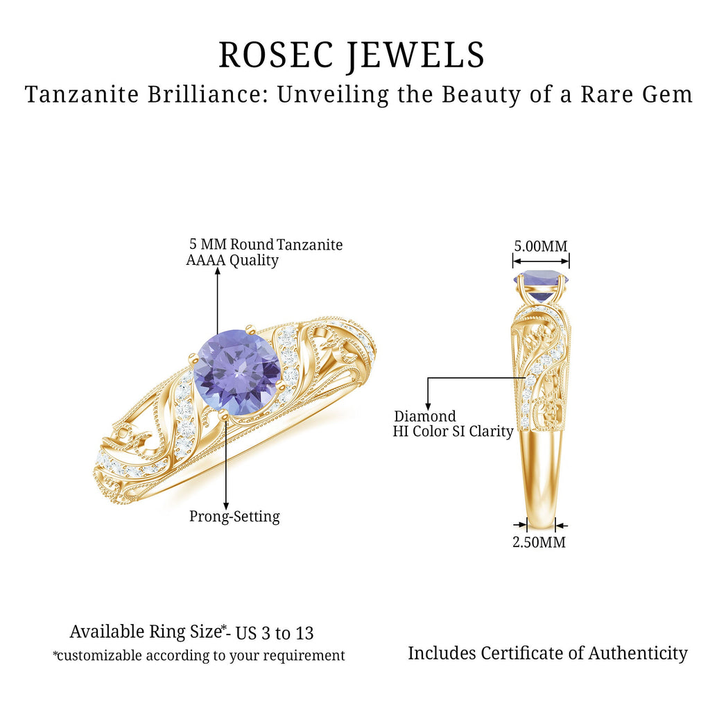 Round Tanzanite Vintage Inspired Engagement Ring with Diamond