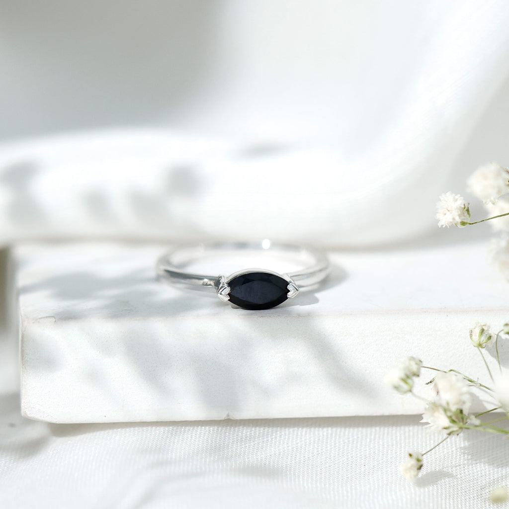 Marquise Cut Solitaire Black Onyx East West Promise Ring